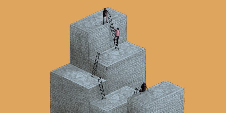 Illustration of figures climbing up stacks of bank notes using ladders