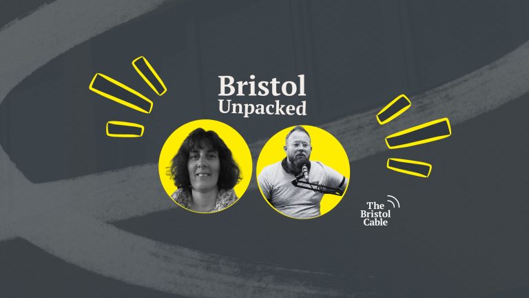 This image features the logo and title for Bristol Unpacked, a podcast presented by The Bristol Cable. It includes stylized illustrations of host Neil Maggs and this week's guest, Heather Williams, in yellow circles against a grey abstract background.
