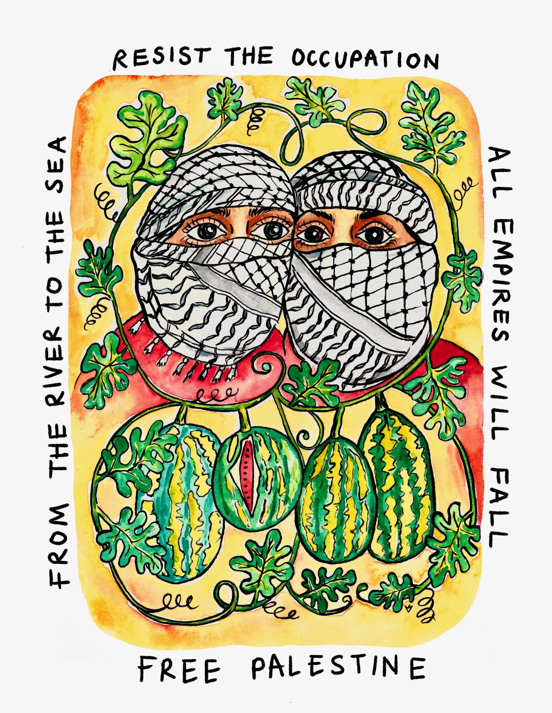 Colourful illustration in yellow and green featuring images of watermelons