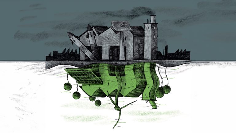 Illustration of a grey factory building with a reflection of it in green underneath