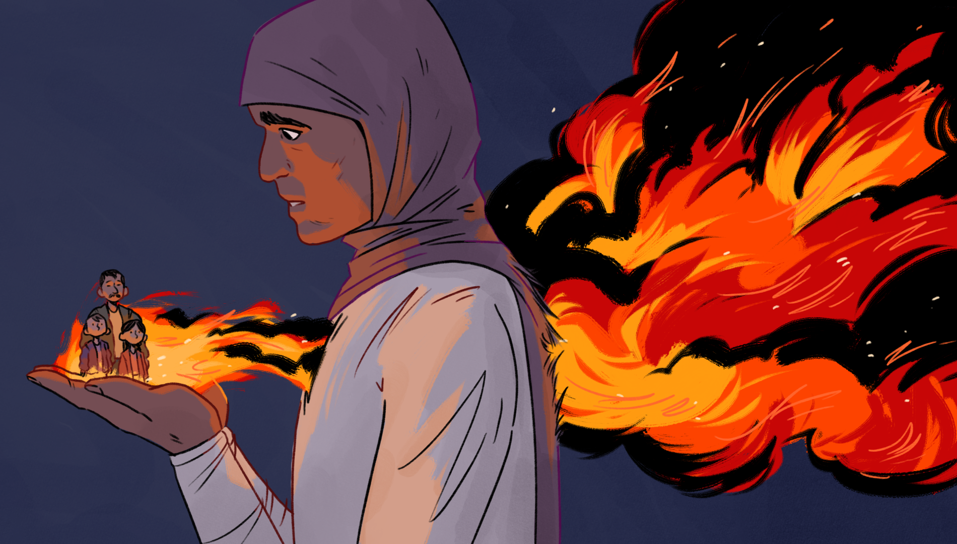 Illustration of a woman in a headscarf holding a miniature family engulfed in flames on their hand.
