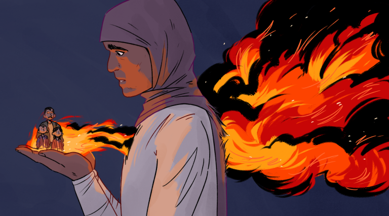 Illustration of a woman in a headscarf holding a miniature family engulfed in flames on their hand.