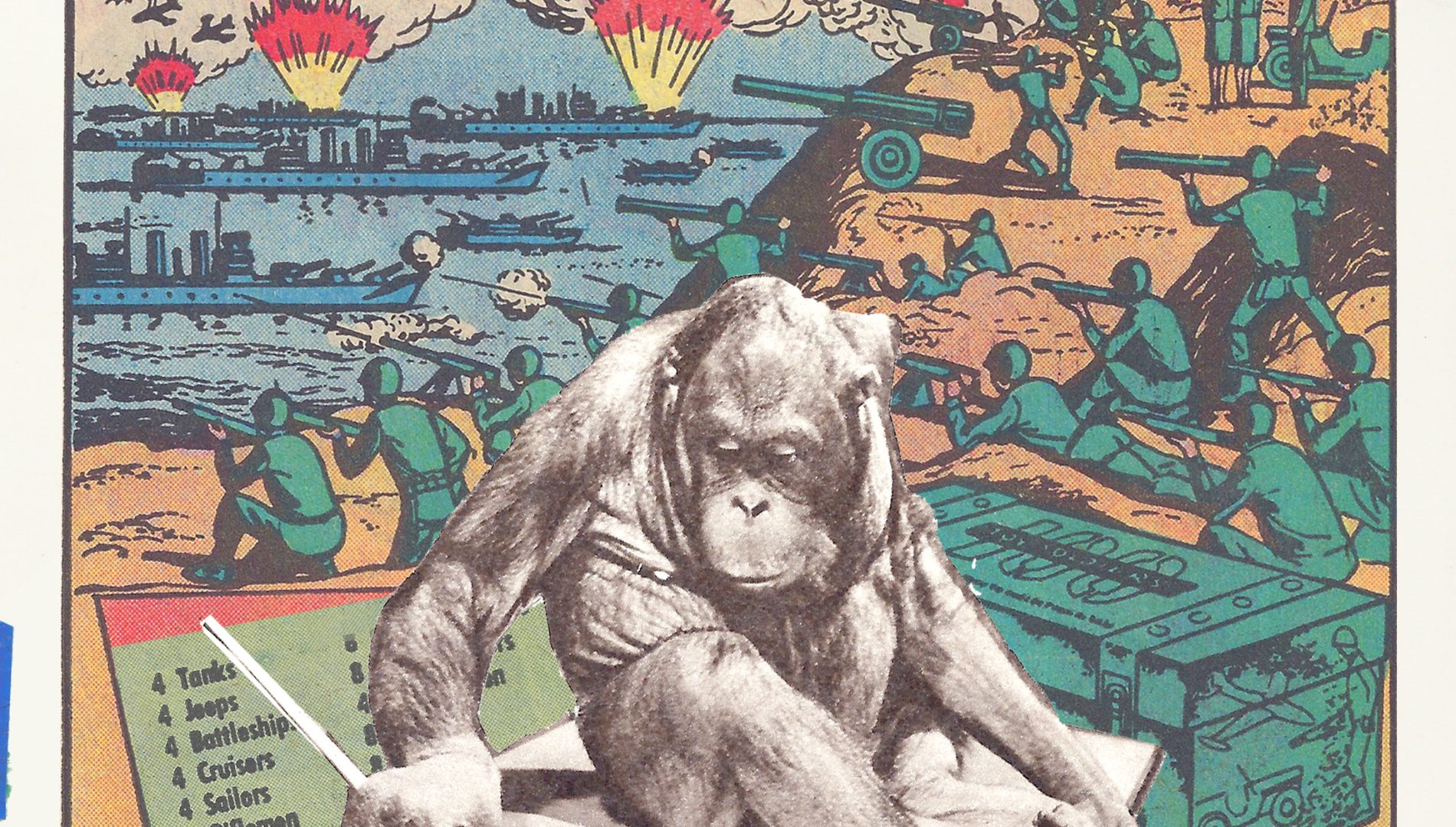 Illustration of a primate painting against a backdrop of planes bombing a hillside