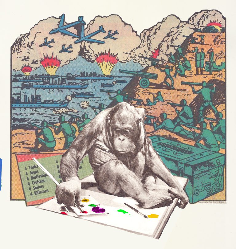 Illustration of a primate painting against a backdrop of planes bombing a hillside