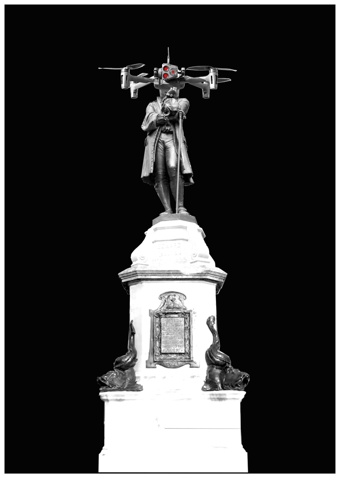Image of a military drone on top of a statue of a man on a white plinth