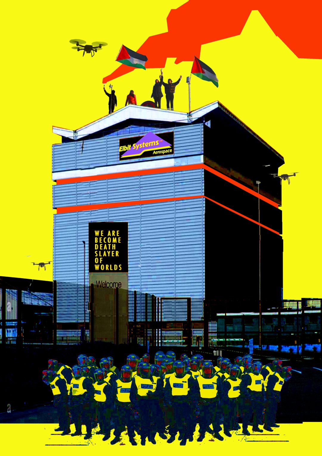 Illustration of protesters on the roof of a building with a large group of police on the ground outside