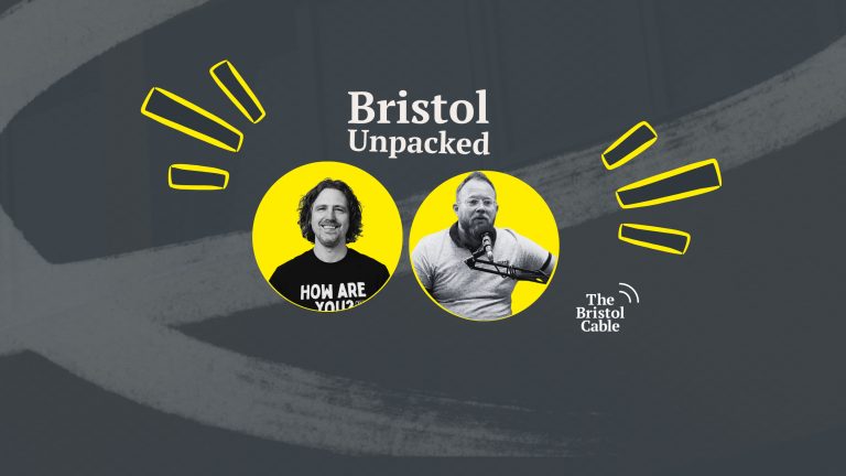 This image features the logo and title for Bristol Unpacked, a podcast presented by The Bristol Cable. It includes stylized illustrations of host Neil Maggs and this week's guest, Gavin Thorpe, in yellow circles against a grey abstract background.