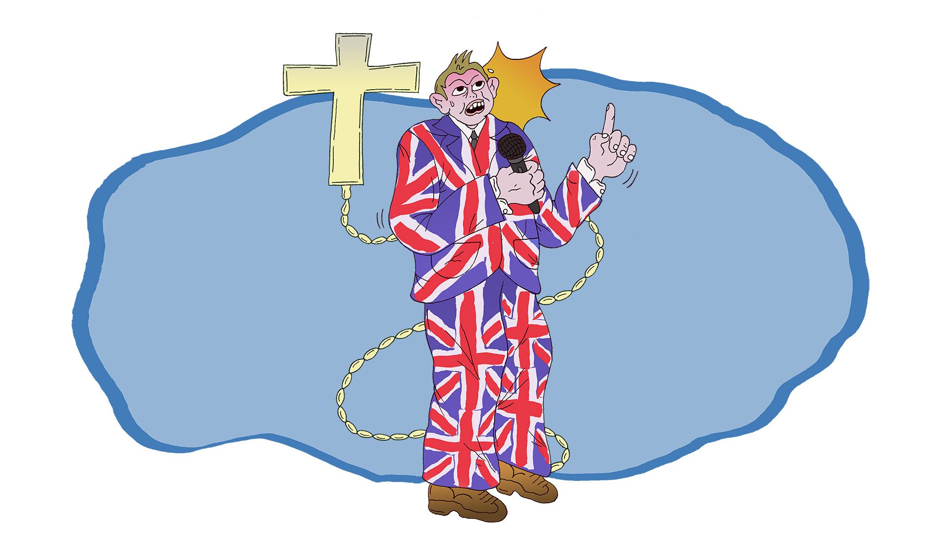 Illustration of a man with a suit covered in union flags and holding a microphone, next to an image of a cross