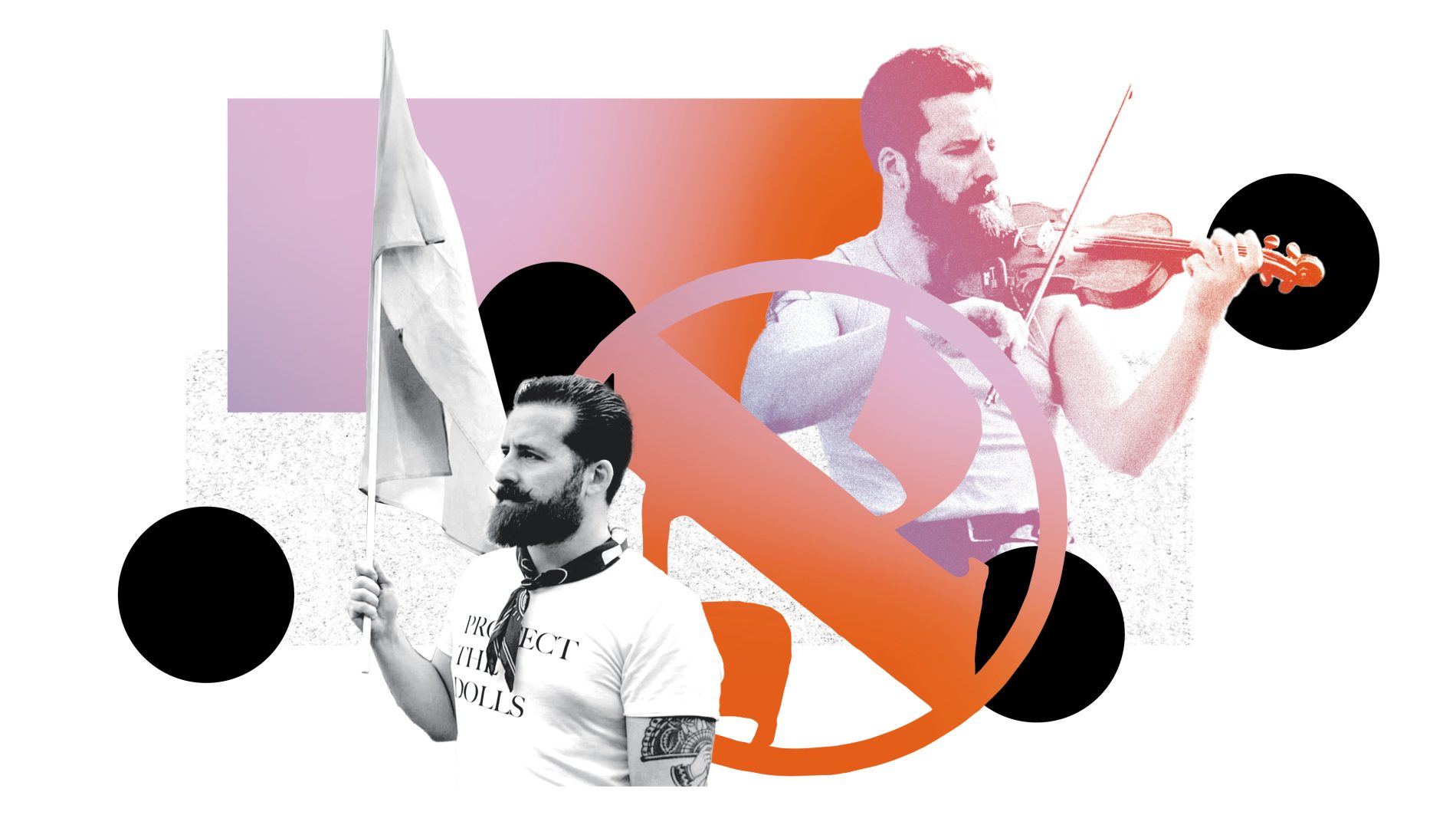 Illustration of a man playing the violin, with the same man holding a flag, with a Hebrew symbol in between