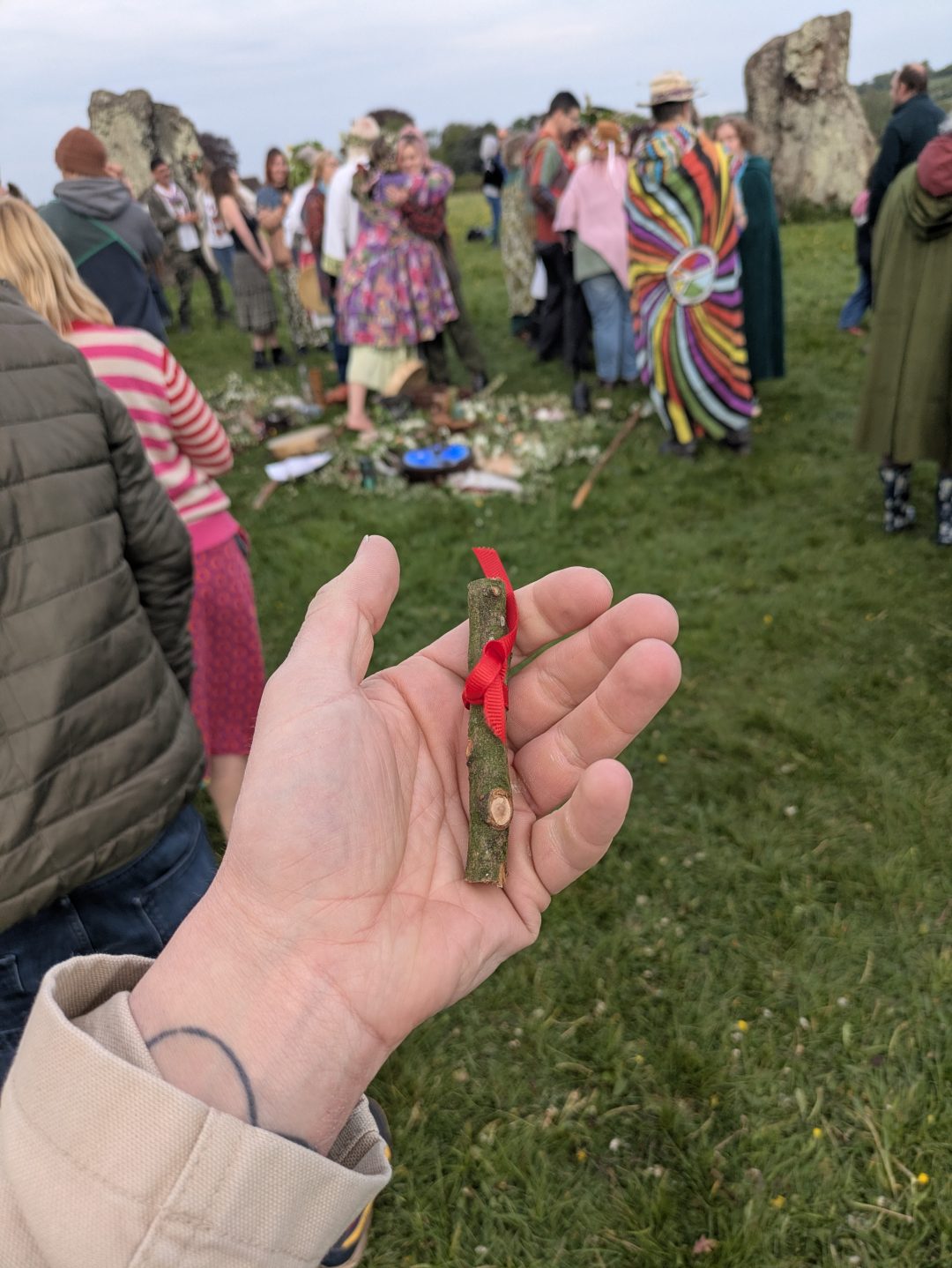 An outstretched hand with a twig tied with a ribbon.