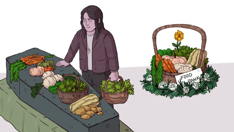 Illustration of a woman standing over a coffin covered in vegetables, with a basked of vegetables behind her