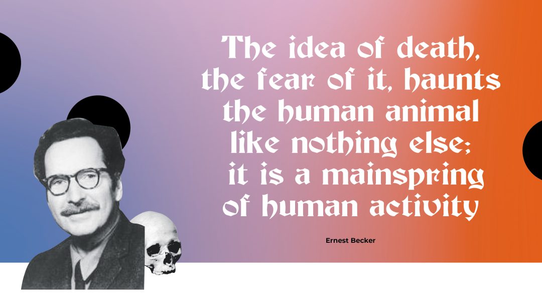 Illustration with a pink and orange background featuring a quotation and an image of a smiling man next to a skull