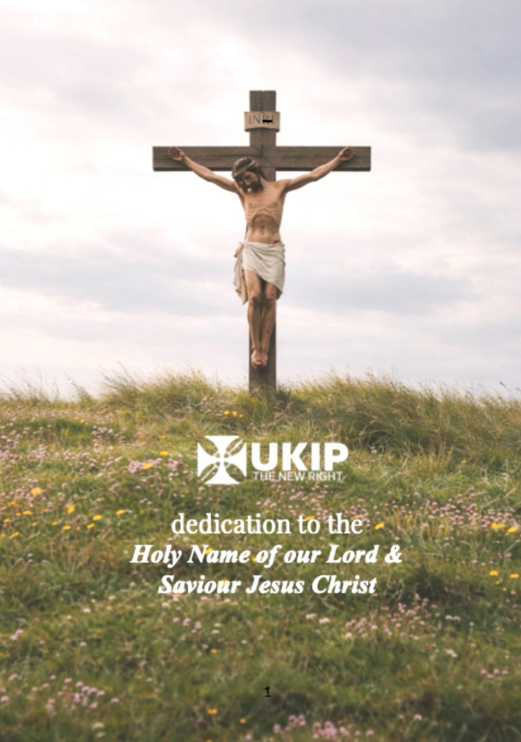 Front cover of a pamphlet with Jesus on a cross on a field covered in wild flowers and a slogan written beneath