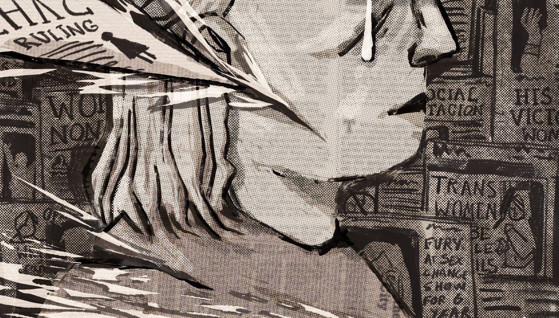 Illustration of a person's face being cut by a piece of paper, and surrounded by pages of newspaper articles