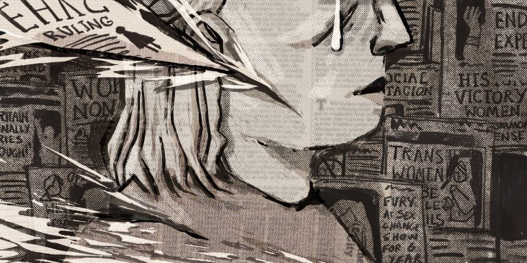 Illustration of a person's face being cut by a piece of paper, and surrounded by pages of newspaper articles