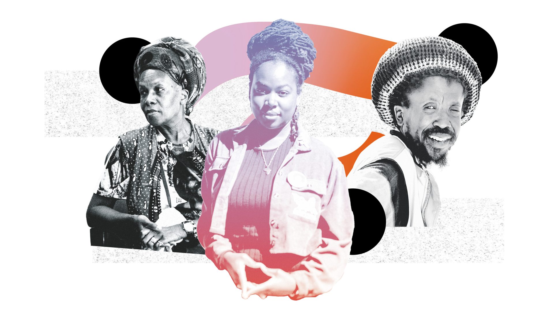 Collage of three people smiling, with a woman in the centre making a triangle with her hands