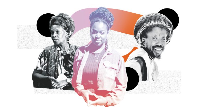 Collage of three people smiling, with a woman in the centre making a triangle with her hands