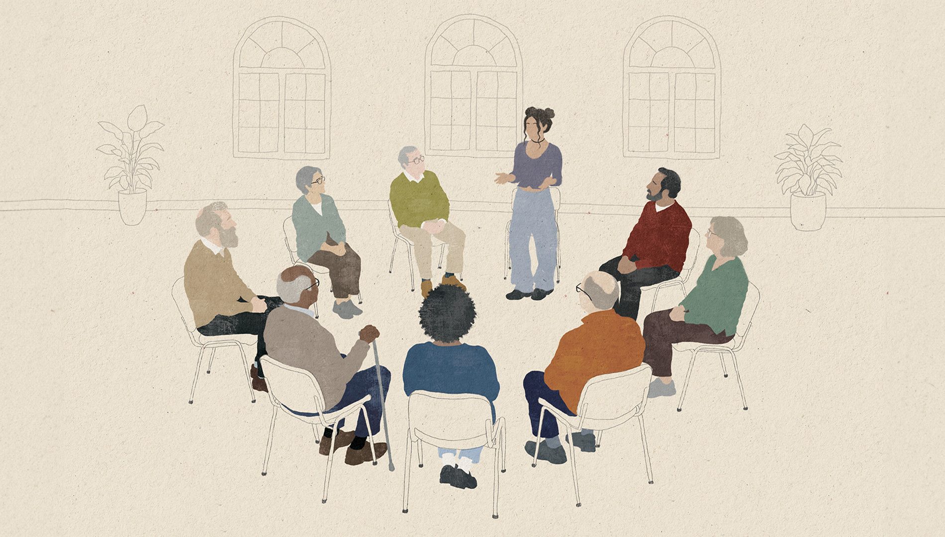 Illustration of a group of people sitting in a circle, with one young woman standing