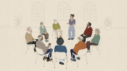 Illustration of a group of people sitting in a circle, with one young woman standing
