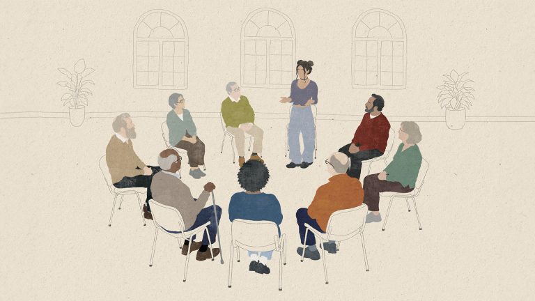 Illustration of a group of people sitting in a circle, with one young woman standing