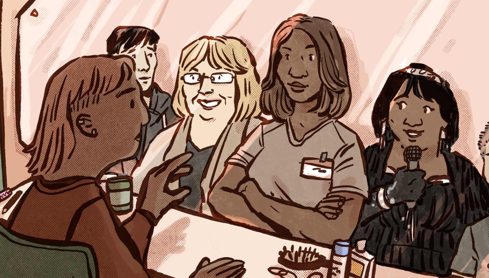 Illustration of a person looking at a mirror and seeing a row of people smiling back