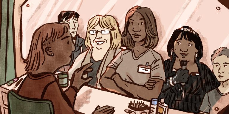 Illustration of a person looking at a mirror and seeing a row of people smiling back
