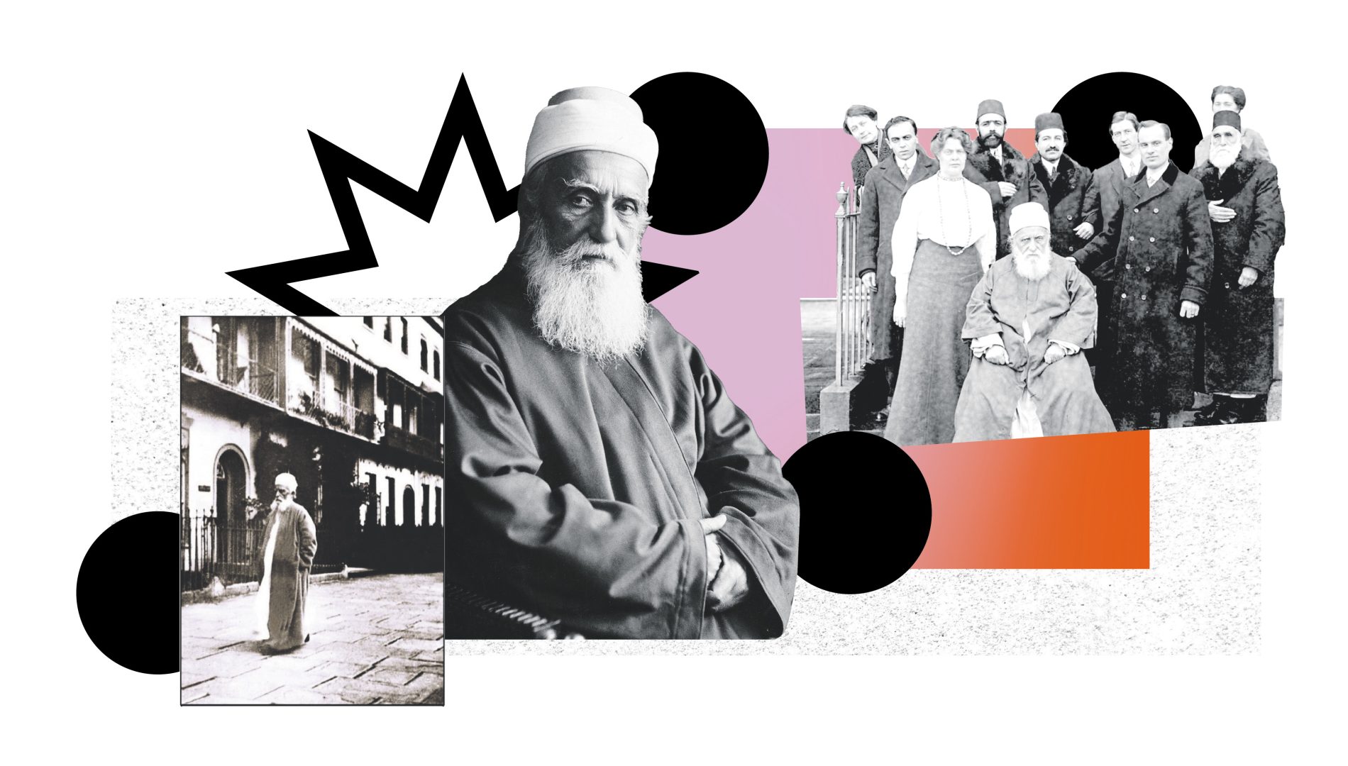 Collage of photos of a man in robes and a turban outside a large townhouse and sat with a group of people