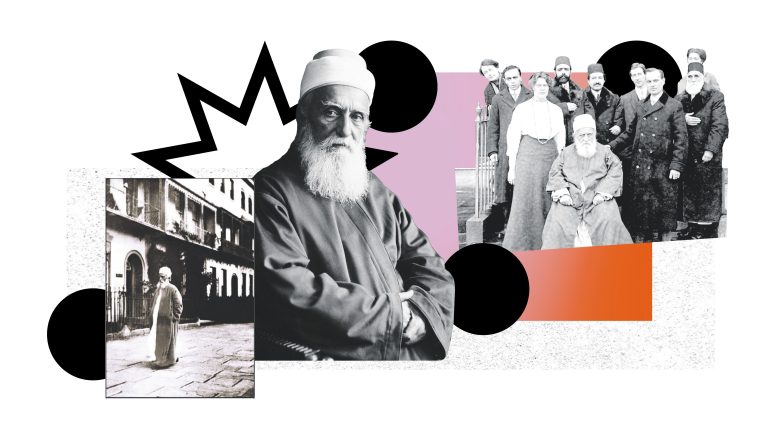 Collage of photos of a man in robes and a turban outside a large townhouse and sat with a group of people