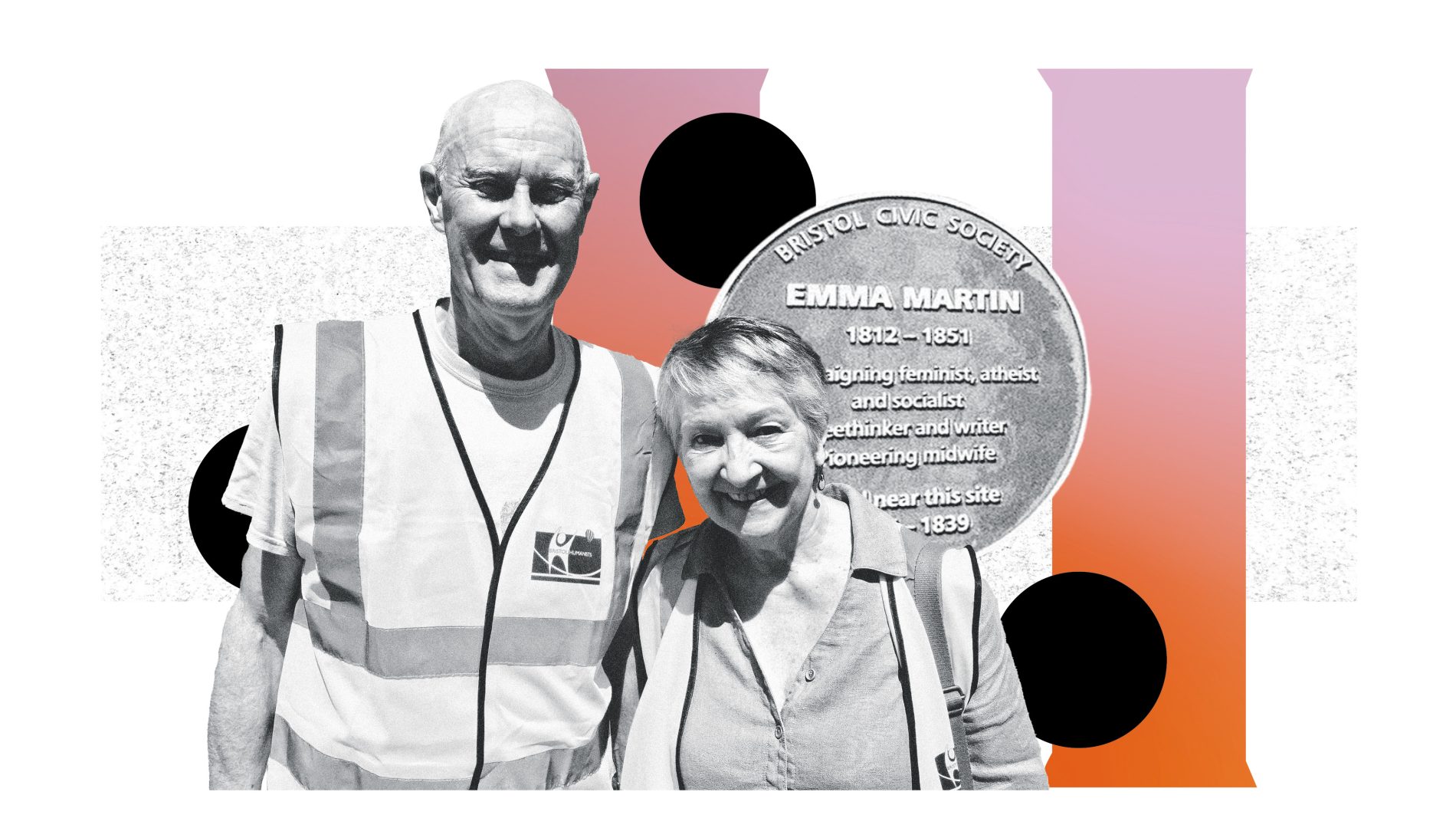 A smiling man and woman wearing high-viz vests