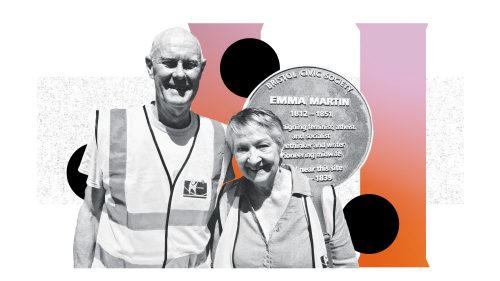 A smiling man and woman wearing high-viz vests