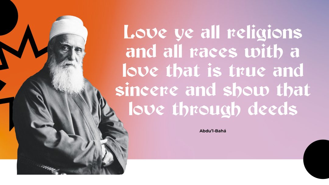 Illustration in pink and orange of a man in a robe and white turban and a quotation