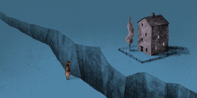 Illustration of a young girl staring across a chasm at a house with a single tree outside