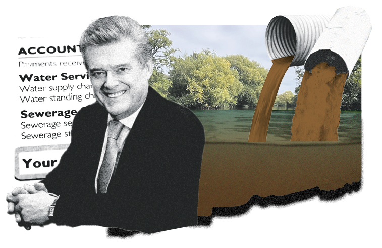 Illustration of a smiling middle-aged man wearing a suit next to an image of pipes despatching sewage into a river
