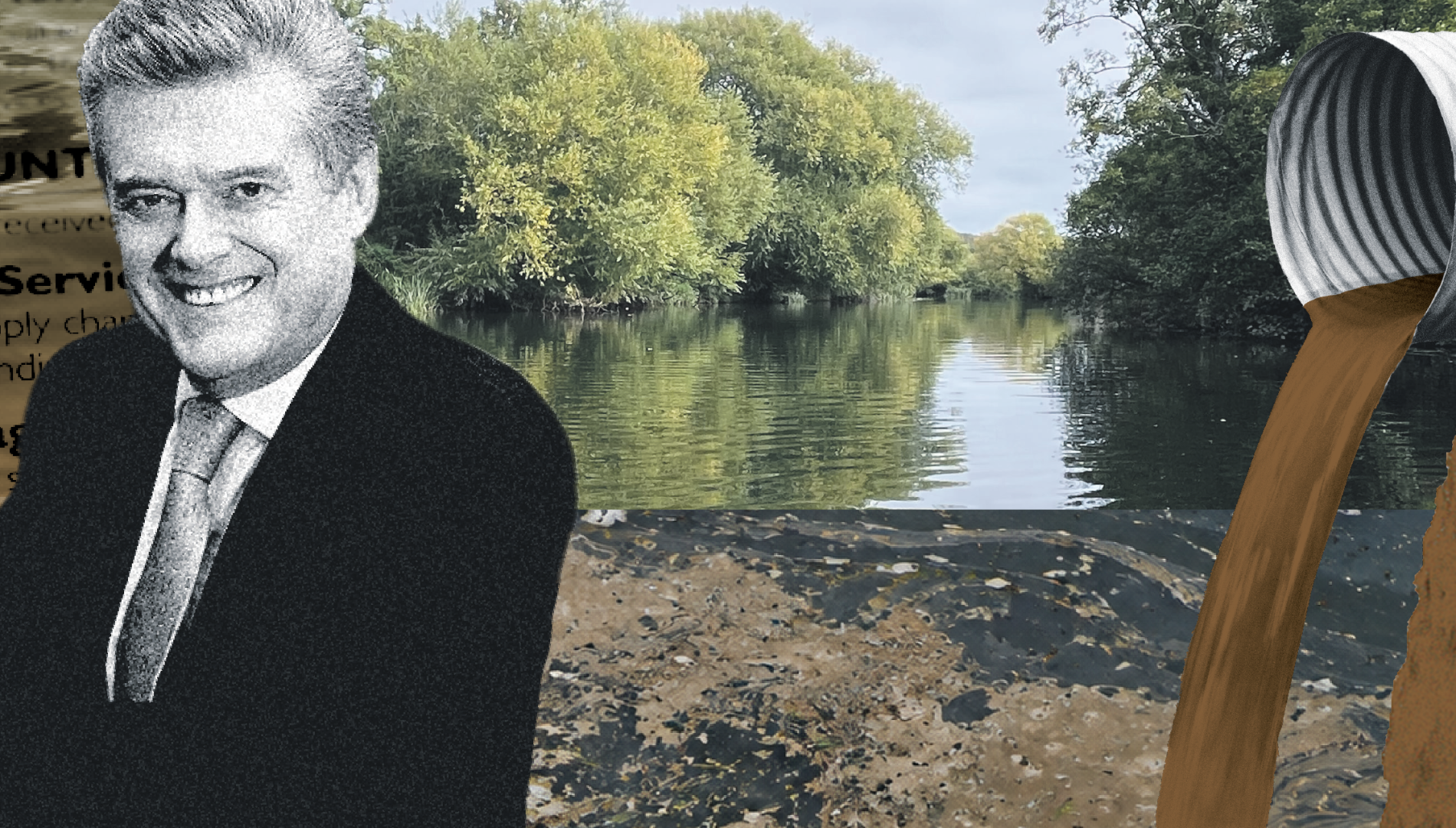 Illustration of a man with a sinister smile wearing a suit next to water pipes discharging sewage into a river